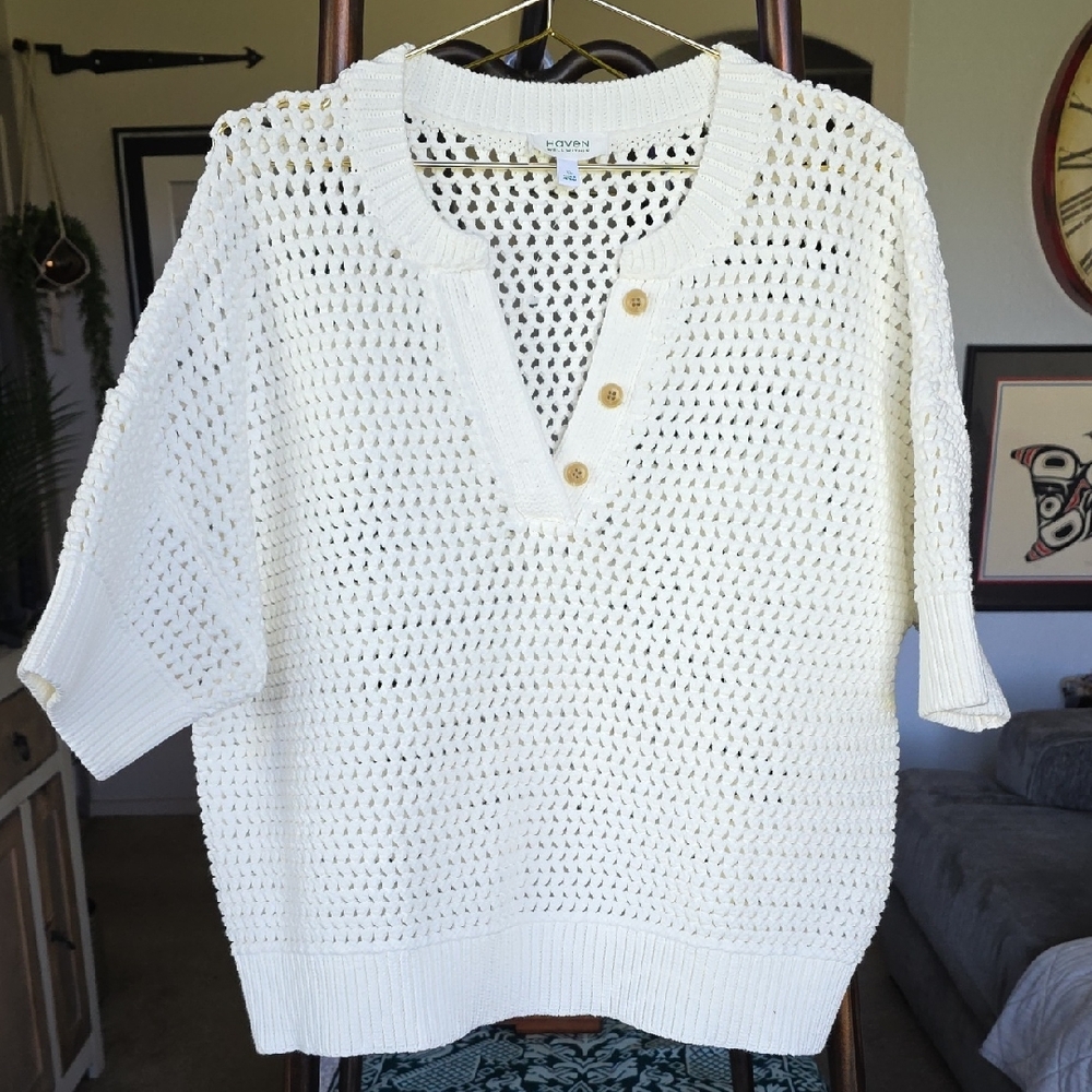 Haven Knot Stitch Off-White Henley Button Open Heavy Knit Sweater XL